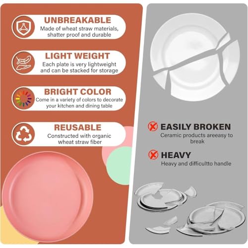Image of Wheat Straw & Bamboo Fiber Plates Set, Lightweight Unbreakable Dinner Plates, Microwave and Dishwasher Safe, Plates Easy to Clean & Reusable (9 Inches, Pink, Set of 6)