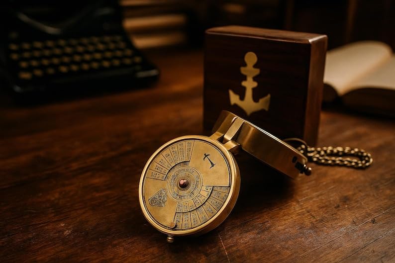 Brújula de Bolsillo de Latón con Calendario, Decoración Náutica en Caja de Madera Grabada Regalo de Boda miniatura 3