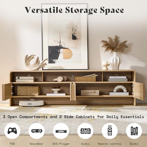 AMERLIFE 4-Piece Living Room Furniture Set, Fluted TV Stand for TVs up to 80\", Modern Coffee Table & 2 End Tables, Large Drawers, Soft Rounded Edges, Natural Oak - Thumbnail 4