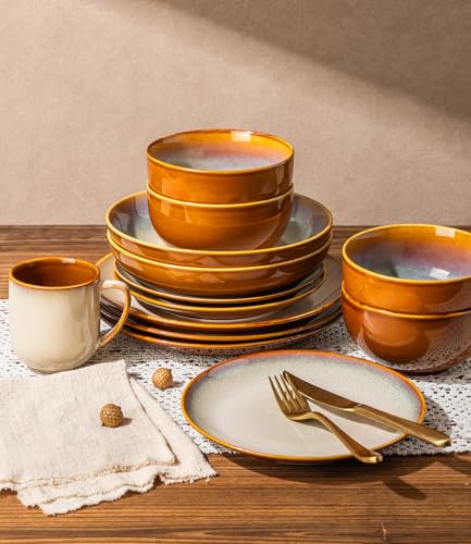 Image of LERATIO Ceramic Dinnerware Sets for 4,16-Piece Reactive Glaze Plates and Bowls Set with Mugs,Highly Chip and Crack Resistant | Dishwasher,Microwave & Oven Safe Dishes set-Kahki