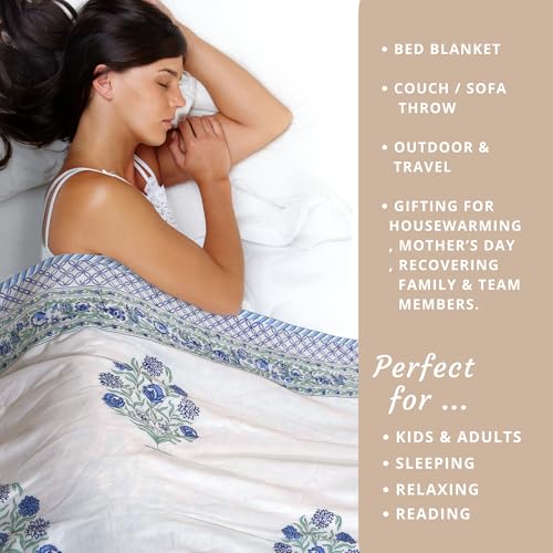 Image of TOAIArt Premium Jaipuri Dohar | AC Blanket Summer Quilt | Hand Block Printed | 3 Layers | Reversible | 150GSM 100% Mulmul Cotton | 100% Cotton Flannel Filling | Single 60 inch X 90 inch |Mughal Motif
