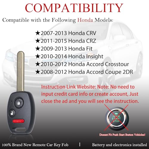MechanMagic 2PCS Key Fob Remote Replacement Fits Honda CR-V 2007 2008 2009 2010-2013/CR-Z 2011- 2014 2015/Fit/Insight/Accord Coupe/Crosstour MLBHLIK-1T Keyless Entry Remote Control 35111-SWA-306 by MechanMagic - Image 2