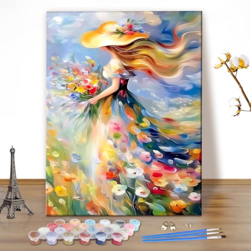 MEIYUDA Dipingere con i Numeri Adulti Ragazza tra i fiori, fai da te Paint by Numbers Quadri da Dipingere Numerat, Pittura a Olio Kit, Pittura Adulti Decora la Casa Regalo 40x50cm(Senza Cornice)