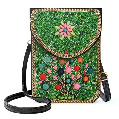 Small Beaded Crossbody Bag for Women, Boho Cell Phone Shoulder Purse Wallet with Handcrafted Colorful Beads