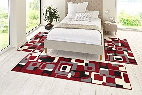 Tapis tour de lit rétro 3 pièces en velours rouge et gris HANSE Home