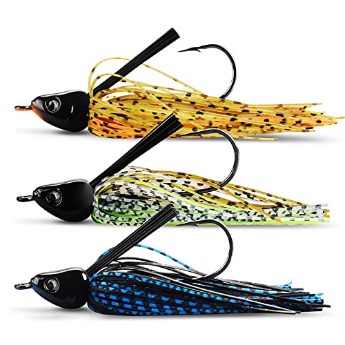 MadBite Swim Jig Fishing Lures, Heavy Brush Guard, Silicone Skirt, Sticky-Sharp Heavy-Wire Needle Point Hooks, Popular 3/8 oz Sizes, 3 pc Multi-Color Kits, Includes Storage Box, Muddy Water