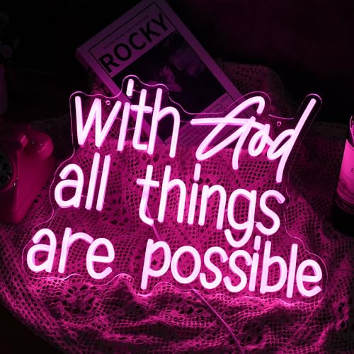 Image of With God All Things Are Possible Neon Sign Beautiful Pink God Led Lights for Wall Decor Dimmable USB Powered Light up Sign 16.9 * 13 Inch Neon Light for Room Party Wedding Church Decor