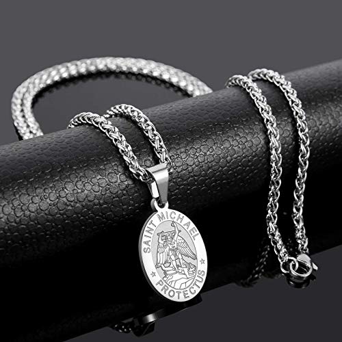 P. BLAKE Oval Saint Christopher/Michael/Joseph/Jude/Virgin Mary/Joseph/Francis/Patrick/Anthony/Benedict/Thomas Necklace for Men Women, Stainless Steel Catholic Patron Pendant with Chain 24 Inches