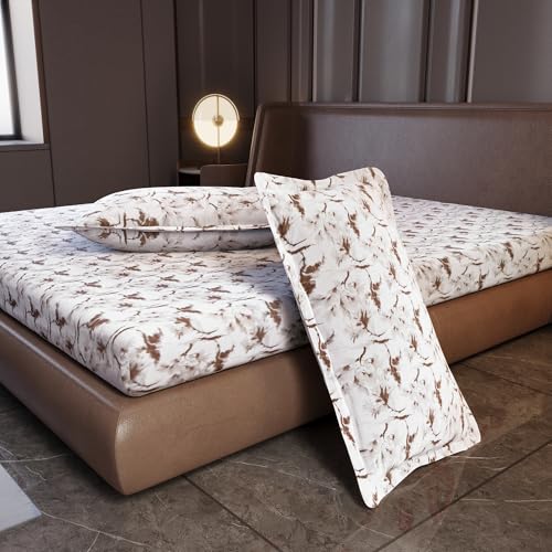 Image of Divine Casa Cotton King Size Bedsheet | 210 TC Pigment Twill Satin Bed Sheet with 2 Pillow Covers | Soft Breathable Bedsheet for King Size Bed | 275 x 275 cm (Off White, Floral)