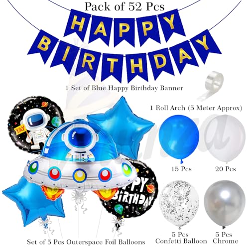 Image of Outer Space Ship Foil Balloons Birthday Decoration Items for Home, Kids, Boy, Girl Bday Party Decor Set of 52 Pcs | Space Theme Birthday Decoration Kit
