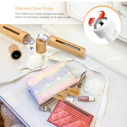 KALYLOC 12Pcs 10ml Bamboo Roll on Bottles for Essential Oils, Refillable Perfume Sample With Stainless Steel Roller, 2Pcs Openers and 2Pcs 3ml Funnels4