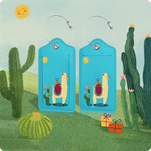 Image of Set of 2 Luggage Tags for Suitcases Leather Cute Luggage Tag with Stainless Steel Loop Privacy Cover ID Label Travel Bag Tags Alpaca Luggage Identifiers for Women Men Travel