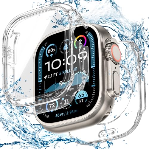 Image of 3 in 1 Goton Waterproof Hard Case for Apple Watch Screen Protector 49mm, 360 Slim Full Protective Tempered Glass Face Cover + Back Hard PC Bumper for iWatch Ultra 3 /Ultra 2 /Ultra, 49mm Clear