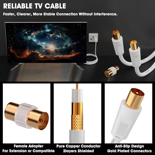 RELIAGINT TV Aerial Cable 1m – Pure Copper TV Coaxial Cable with Dual Shielding for Strong Signal – Straight to Straight – Female-to-Female Adapter Included – Fire-Resistant Aerial Connectors - Image 6