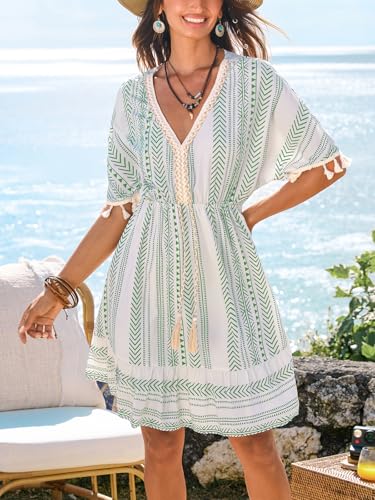 Image of CUPSHE Women Tassel Trim Summer Dress V Neck Lace Short Sleeve Paisley Boho Casual Sundress Holiday Beach Mini Dress