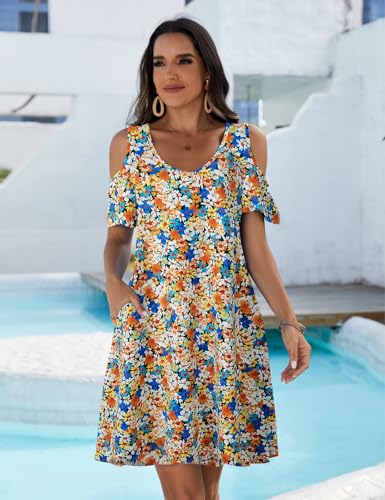 Image of JollieLovin Womens Plus Size Short Sleeve Cold Shoulder V Neck T-Shirt Dress with Pockets