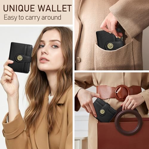 Image of Kelvoris Small Rfid Women Wallet Bifold Zipper Coin Pocket Black | PU Leather Compact Cash Credit Card Holder Travel Purse for Female Ladies Teen Girls 1 ID Window 10 Card Slots