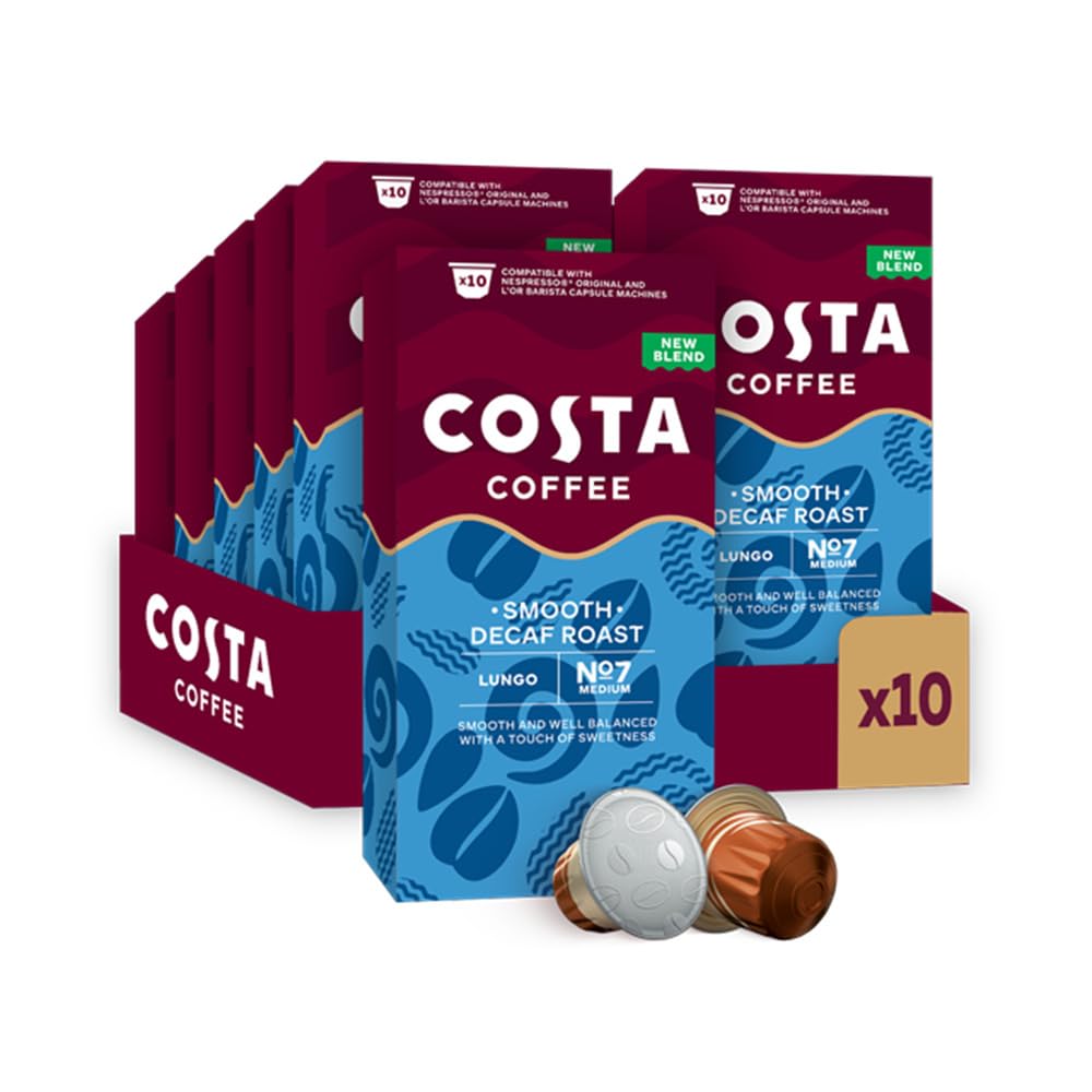 Costa Smooth Decaf Roast Aluminium Coffee Pods (Pack of 10, Total 100 Coffee Capsules)