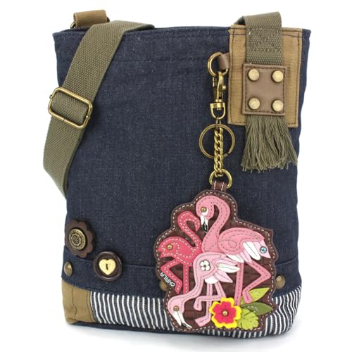 CHALA Patch Crossbody Women Canvas Shoulder Purse with Adjustable Crossbody Strap - Flamingo Group - denim