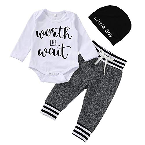 Newborn Baby Boy Outfits Worth The Wait Letter Print Romper+Long Pants+Hat 3PCS Clothes Set (Dark Grey,6-9 Months)