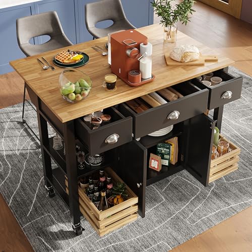 ModernLuxe Rolling Kitchen Island Storage Trolley with 3 Drawers, Large Cabinet, Spice Rack, Adjustable Shelf, Folding Sideboard, Black Dining Room Organizer Cart, MDF & Steel Construction