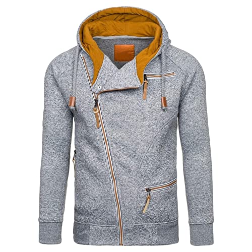 Men's Classic Oblique Zipper Hoodies Casual Long Sleeve Drawstring Overcoat Novelty Fleece Sweatshirts with Pockets (X-Large,Light Grey)