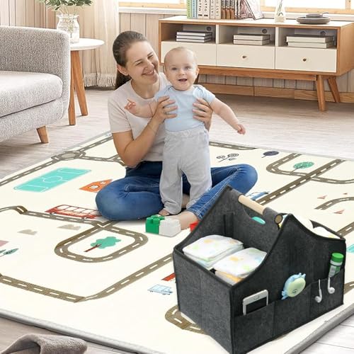 Image of Baby Diaper Caddy Organizer,car felt caddy, baby product storage basket, solid wood handle, detachable partition storage basket for daycare,Best Gift Basket for Babies (black)