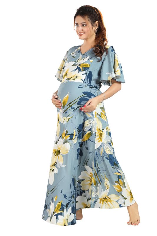 Image of CLOUD SOFT Women's Rayon Cotton Floral Printed Maternity Feeding Gown | Full-Length Nursing Nighty with Zipper | Pre & Post Pregnancy Dress (CS11004-5 MT All)