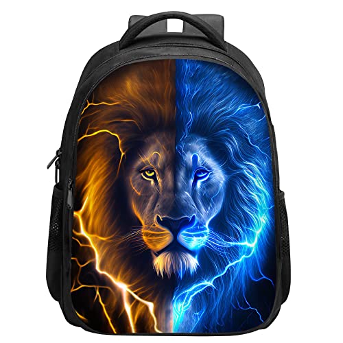SARA NELL Mochila escolar de león para niños y niñas, mochila escolar de león de hielo y fuego con 2 compartimentos principales, mochila para estudiantes de primaria, 15.7 pulgadas