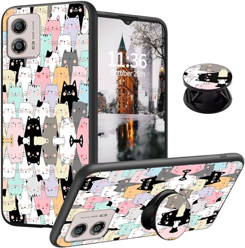 Qindaiwen Designed for Motorola Moto G53 5G Case, Moto g53y 5G Case with Finger Expanding Stand Holder, Soft TPU Silicone Phone Cover Shockproof Protective for Moto G53 2023, Cute Cats