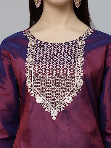 Image of LookMark Women's Art Silk Purple 3 /4 Sleeve Straight Kurta with Pant and Light Pink Color Dupatta(KS2065-S )