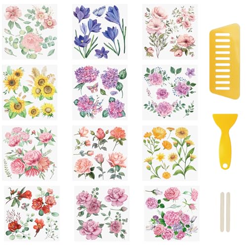 WANDIC 12 hojas de calcomanías de transferencia de flores, impermeables, para diario, álbumes, muebles, manualidades, manualidades, álbumes de recortes