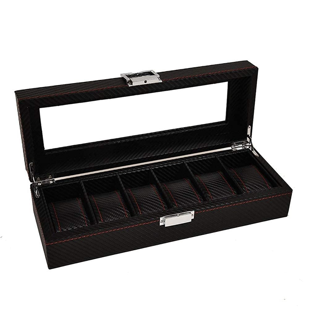 Caja de almacenamiento para relojes Caja expositora para 6 relojes Estuche de almacenamiento de piel sintética con panel de vidrio Soporte organizador de joyas para hombres Regalo para sus amigos y