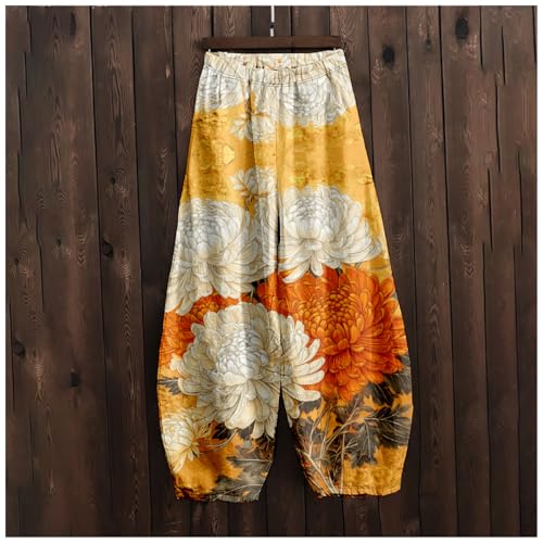 Womens Japanese Art Print Baggy Cotton Linen Pants Elastic Waist Wide Leg Flowy Boho Lounge Pants with Pockets4