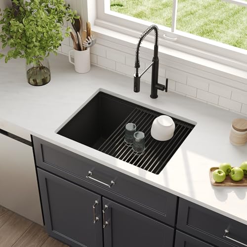Image of DeerValley Black Undermount Kitchen Sink 25 Inch, Single Bowl Granite Composite Kitchen Sink with Integrated Ledge
