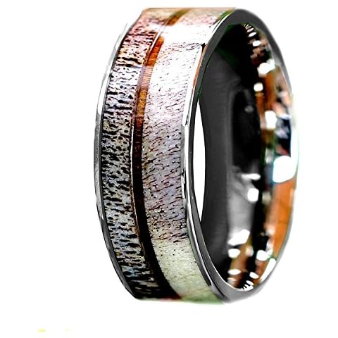 Kingsway Jewelry Natural Deer Antler Ring with Koa Wood Inlay - Unisex Mens Ring, Womens Ring Stainless Steel Hunter Wedding Ring Band (11) Cover