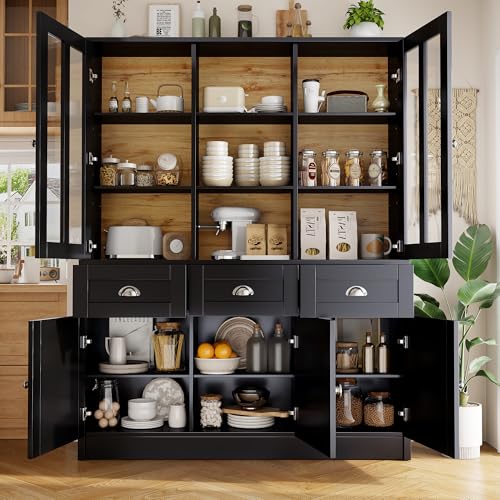 LAKFEW Alacena de Cocina con Dispositivo Antivuelco y 5 Puertas, Armario Cocina con Estante Abierto y 3 Cajones, Alacena Cocina con Estante Ajustable, Muebles Auxiliares Cocina, 140x40x175 cm, Negro