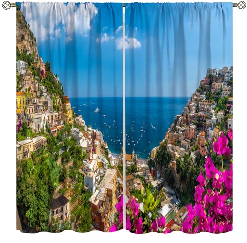 Italian Amalfi Coast Curtains for Kitchen,Famous Positano Town Sea View Tapestry Mediterranean Coastal Landscape Italy Wall Hanging Window Drapes Print for Bedroom Living Room 42x45in(No Blackout)