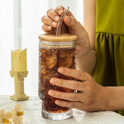 Image of WEZOSHINET Glass Sipper Mugs with Wooden Lid & Straw Pack of 1, 300ml Clear Textured Embossed Drinking Glasses Tumbler for Iced Coffee Beer Cocktail Home & Travel Cup (Embossed)