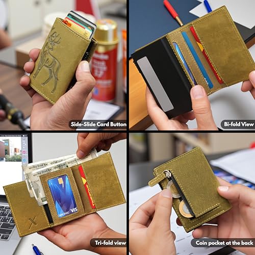 Image of The X Project Staggo Trifold Wallet | Premium Genuine Leather | Aluminium Cardholder | Side Slide Pop-Up Card Ejector | Carry Up to 6 Cards and 1 Slot for Carrying Cash & Folded Bills (Green)