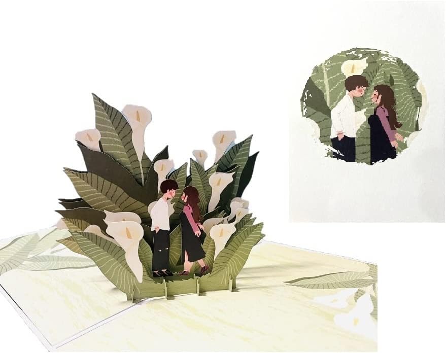 ETA Tarjeta desplegable 3D de flores de pareja y arum, tarjeta desplegable de amor hecha a mano, tarjetas emergentes 3D para el día de San Valentín,