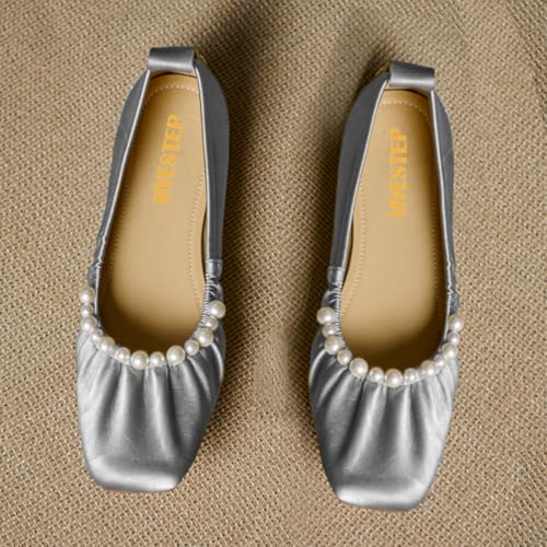 Elegant Dress Satin Flats Women Square Toe Ballet Flats Pearl Bridal Flats Slip on 1” Flat Heel Dress Shoes Soft Comfy Walking Flats Wedding 4-11 M US3