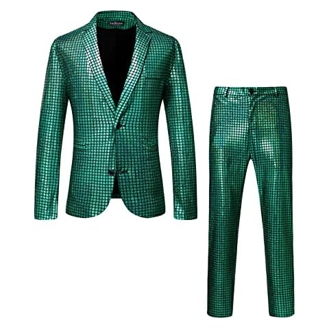LucMatton Men's 2 Piece 70s Disco Outfits Metallic Shiny Sequin Suits Jacket and Pants Set Halloween Party Prom Costume Green Small Cover