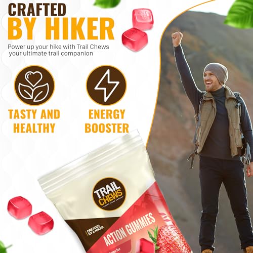 Image of Trail Chews - Strawberry Flavor - 4-in-1 Energy Gummies for Energy, Hydration, Immunity, and Recovery. 50mg Yerba Mate Caffeine, 403mg Essential Vitamins, and 1000mg BCAAs per Serving. Plant-Based & Gluten-Free. 12 Single-Serving Bags, 10 Gummies Each.