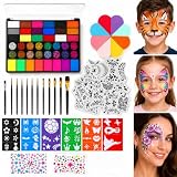 Face Painting Kit for Kids & Adults, Non-Toxic & Washable, 42 Colors Water-Based Face Paint, with Brushes, Sponges & Stencils for Parties, Halloween & School Events