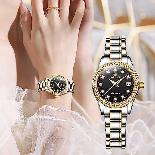 Image of OLEVS Womens Automatic Watch Gold Luxury Diamond Self Winding Ladies Wrist Watches Waterproof Luminous Date
