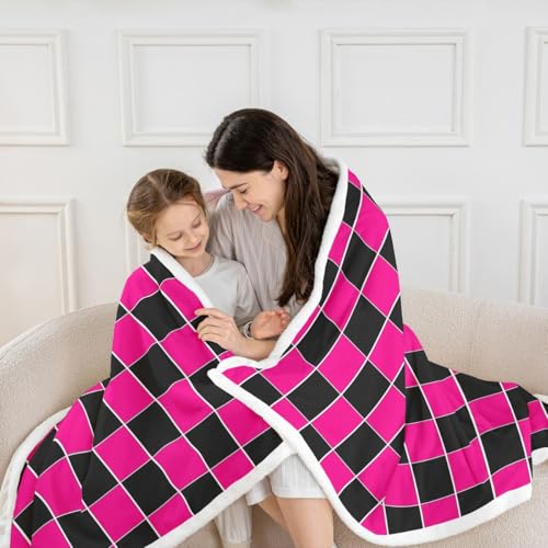 Image of Erosebridal Initial Letter F Sherpa Blanket Pink and White Checkered Fuzzy Plush Throw Cute Monogram Plaid Fleece Blanket for Kids Girls Women,Kawaii Gingham Grids Decor for Bed Couch 40 inchx50 inch