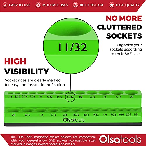 Image of Olsa Tools Magnetic Socket Organizer - 1 /4-Inch Drive SAE Socket Holder with Strong Magnets - Professional Tool Holder and Organizer - Stores up to 26 Sockets - Green - Part: 1115