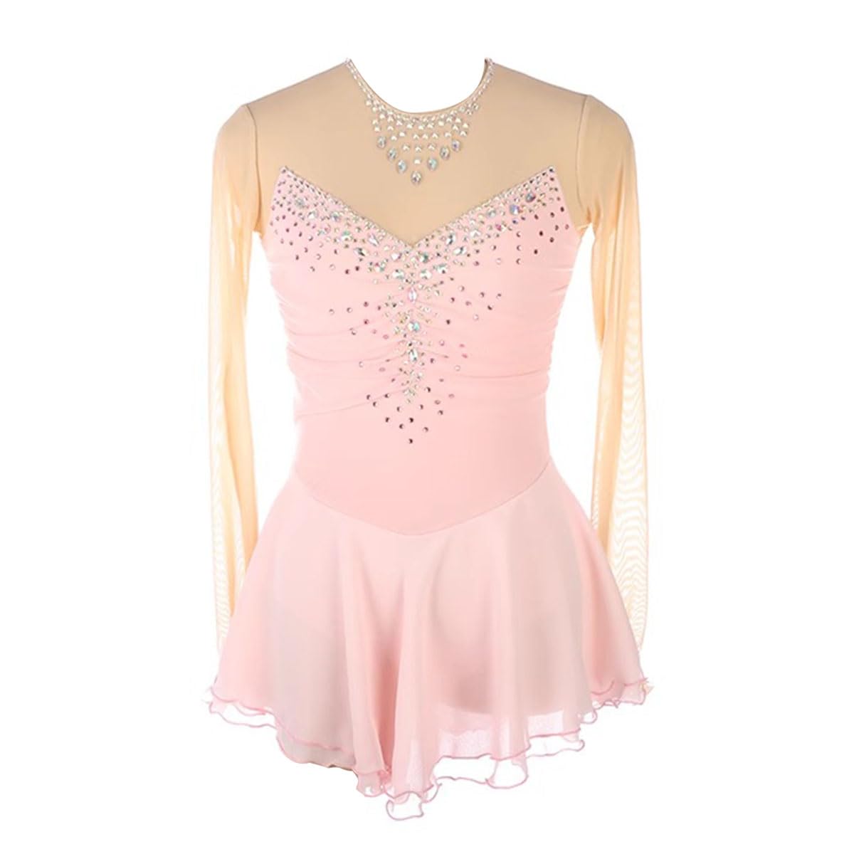 Maillot de Patinaje Artistico para Niña Manga Larga de Danza Ballet con Falda Tul Vestido con Pedrería Vestido de Danza Ballet Mujer Maillot de Gimnasia con Manga Larga,Rosado,3XS