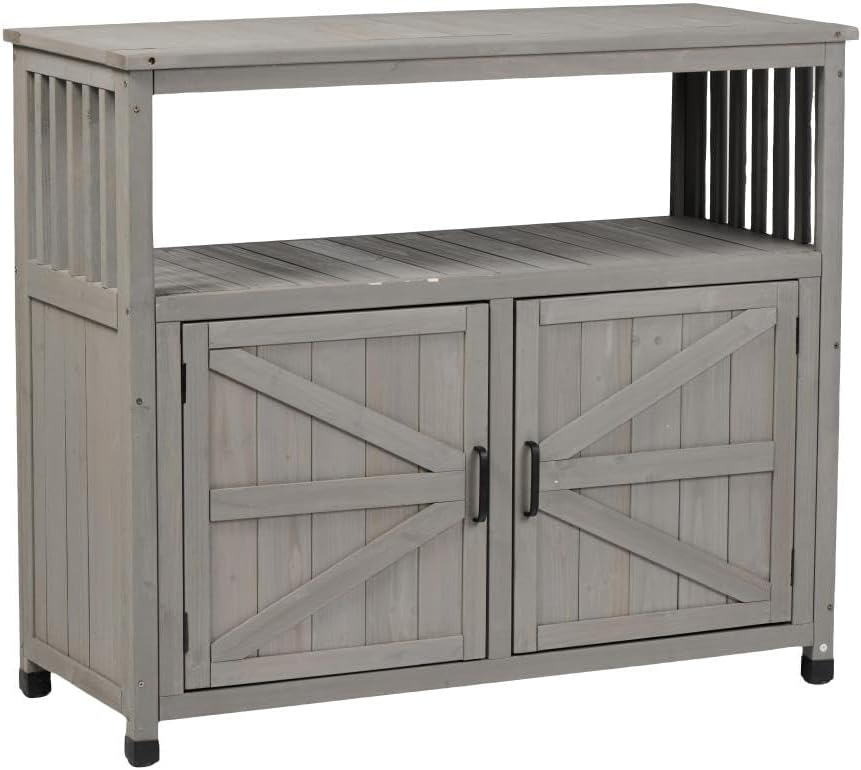Potting Bench with Storage Cabinet and Metal Table Top for Outdoor Patio, Garden Furniture Wood Workstation Coffee (Grey,42x18x37'')